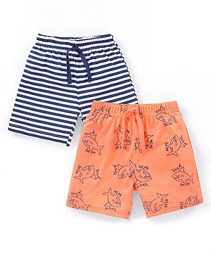 Babyhug Cotton Knit Mid Thigh Shorts Striped & Shark Print Pack of 2 - Navy Blue & Orange