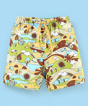 Babyhug Cotton  Mid Thigh Length Shorts Scenic Printed - Green & Blue