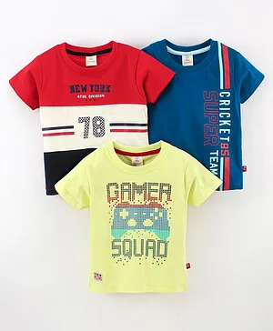 Mini Donuts Cotton Half Sleeves T-Shirts Text Print Pack Of 3 - Blue Lemon & Red