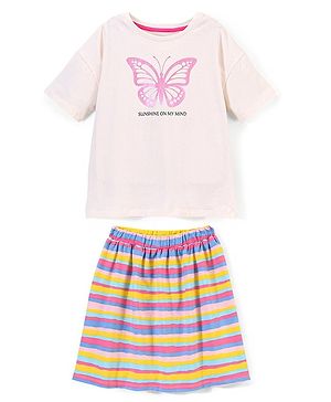 Primo Gino Cotton Elastane Drop Shoulder Foil Print Butterfly T-Shirt with Striped Skirt - Off White