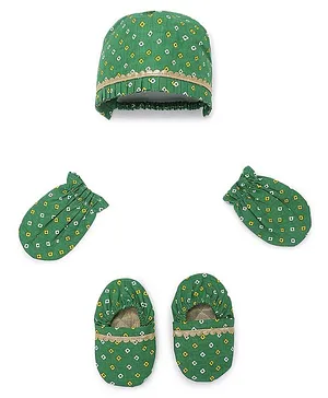 Tiber Taber Bandhani Printed Mittens Cap & Booties Set - Green