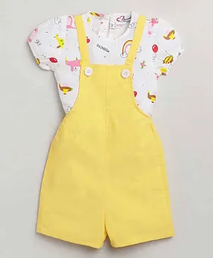 M'andy Half Sleeves Rainbow Airplane Printed Top With Solid Dungaree - Yellow