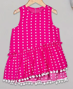Budding Bees Sleeveless All Over Polka Dot Printed & Pom Pom Lace Embellished Ruff;ed Top - Pink