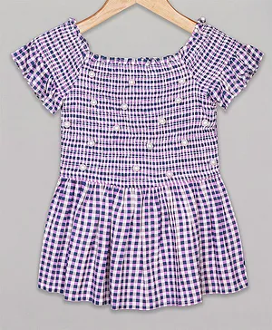 Budding Bees Half Sleeves Gingham Checked Bead Embellished Smocked Top - Purple
