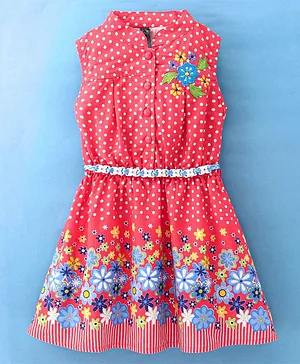 Enfance Core Sleeveless All Over Polka Dot Printed & Flower Embroidered Fit & Flare Dress - Red