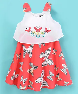 Enfance Core Sleeveless Butterfly Embroidered & Magazine Style Butterfly Printed Layered Yoke Dress - Tomato Red