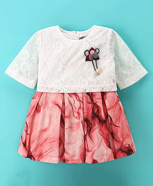 Enfance Core Three Fourth Sleeves Brasso Printed Pom Pom Applique Flared Dress - Red