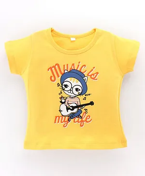 Enfance Core Short Sleeves Kitten Playing Guitar Printed Tee - Yellow