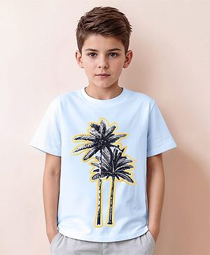Pine Kids Half Sleeves Puff Print Bio Wash T-Shirt - Light Blue