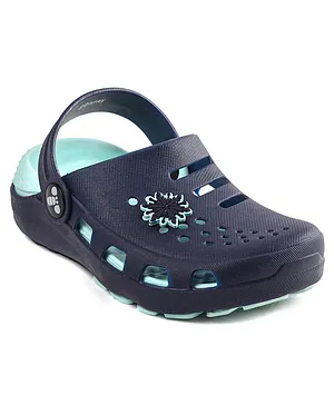 Frozen Back Strap Closure Clogs with Flower Applique - Navy Blue & Sea Green