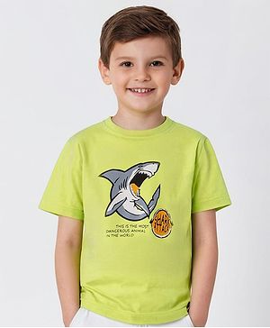 Pine Kids 100% Cotton Half Sleeves Biowashed T-Shirt Shark Print - Lime Green