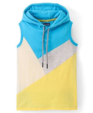 Pine Kids 100% Cotton Bio Washed Sleeveless Hooded T-Shirt Color Block- Blue & Yellow