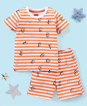 Babyhug Cotton Knit Half Sleeves Striped Night Suit Numbers Print - White & Orange