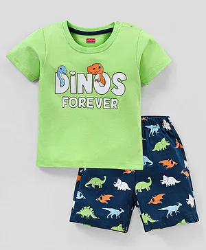 Babyhug Cotton Half Sleeves Night Suit Dino Print- Green & Navy Blue