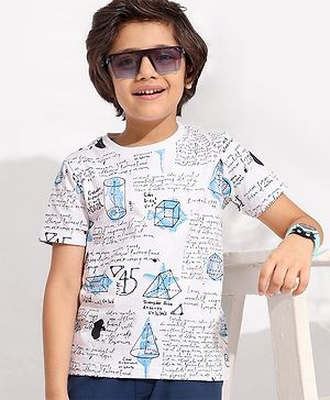 Pine Kids 100% Cotton Knit Half Sleeves Text Printed Biowashed T-Shirt - White & Blue
