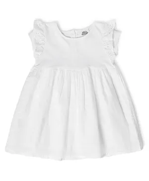 Mi Arcus 100% Cotton Short Flutter Sleeves Solid Frock - White