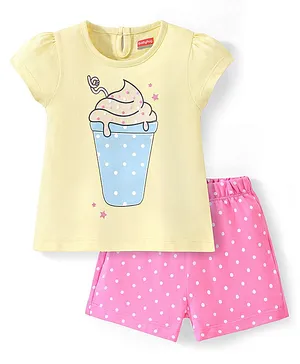 Babyhug Cotton Knit Half Sleeves Night Suit With Ice Cream Print - Yellow & Pink