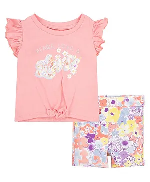 Levi's Cap Frill Sleeves Floral Printed Front Knot Detail Top & Woven Shorts Set - Pink