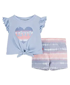 Levi's Cap Frill Sleeves Ombre Effect & Heart Printed Front Knot Detail Top With Woven Shorts Set - Blue