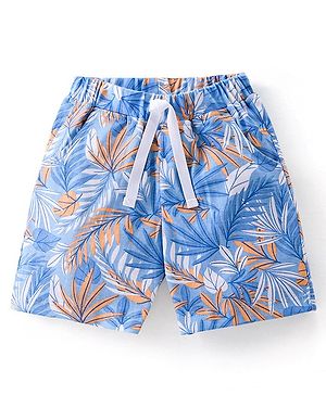Babyhug Cotton Mid Thigh Length Shorts Leafy Print - Blue