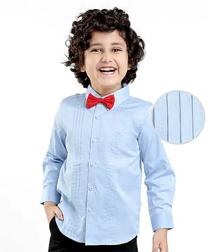 Mark & Mia Full Sleeves Party Shirt With Bow and Pleat Detailing Solid - Blue
