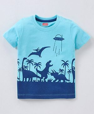 Babyhug Cotton Knit Half Sleeves Dino Printed T-Shirt - Blue