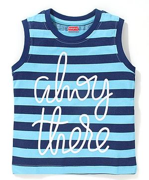 Babyhug Cotton Sleeveless Striped T-Shirt With Text Print- Blue