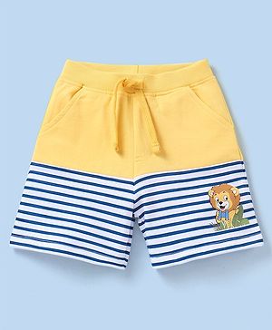 Babyhug Cotton Knit Mid Thigh Length Shorts Striped & Lion  Print - Yellow & Blue