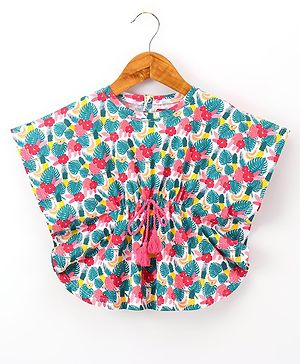 Babyhug 100% Cotton Half Sleeves Kaftan Style Top with Drawstring & Tassel Detailing Tropical Print - Mulricolour