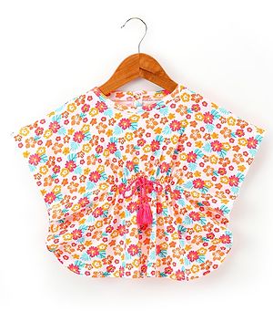 Babyhug Cotton Knit Half Sleeves Kaftan Style Tee with Drawstring & Tassel Detailing- White