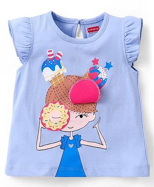 Babyhug 100% Cotton Knit Frill Sleeves Top with Donut Applique Girl Print - Blue