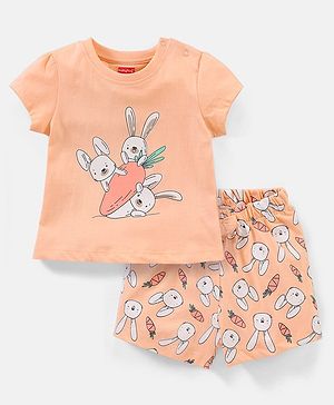 Babyhug Cotton Half Sleeves Night Suit Bunny Print- Peach