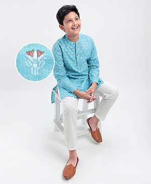 Pine Kids Full Sleeves Printed Kurta Pyjama Set - Turquoise
