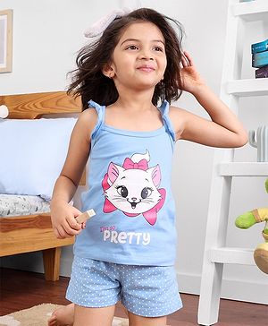 Babyhug Cotton Knit Sleeveless Night Suit Kitty Print - Blue