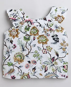 Aww Hunnie Sleeveless Frill Neck Line Style Floral Printed Top - Cream