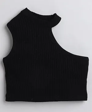 Aww Hunnie Sleeveless Solid Knit Ribbed Collar Crop Top - Black