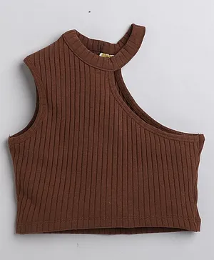 Aww Hunnie Sleeveless Solid Knit Ribbed Collar Crop Top - Brown