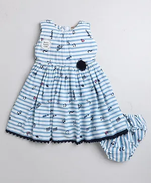 Aww Hunnie Sleeveless Striped And Abstract Quirky Printed Flared Dress With Co Ordinating Bloomer  - Blue