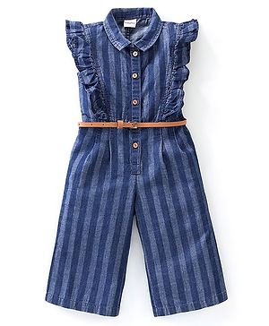 Babyhug Denim Sleeveless Jumpsuit Striped Print With Belt - Blue