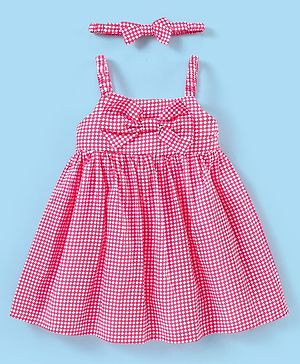 Babyhug 100% Cotton Woven Singlet Sleeves Checks Frock with Bow Applique & Headband - Pink