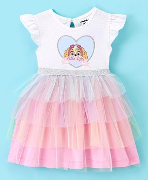 Babyhug 100% Cotton Knit Short Sleeves Paw Patrol Printed Layered Mesh Frock - White & Pink