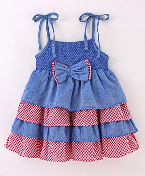 Babyhug Cotton Woven Singlet Sleeve Frock Checks Pattern with Bow Applique - Blue & Red