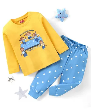 Babyhug Cotton Knit Full Sleeves Night Suit Monkey Print - Yellow & Blue