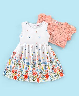 Babyhug 100% Cotton Sleeveless Floral Print Frock with Lace Shrug - White & peach