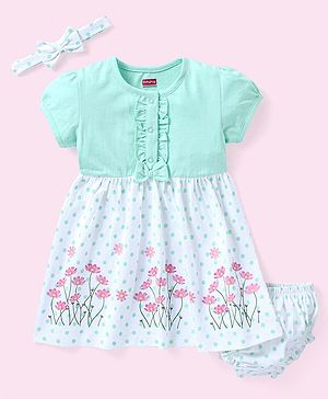 Babyhug 100% Cotton Knit Half Sleeves Floral Printed Frock with Bloomer & Headband - Light Olive Green