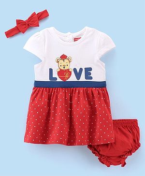 Babyhug 100% Cotton Knit Cap Sleeves Frock With Bloomer & Headband Text & Dot Print- White & Red