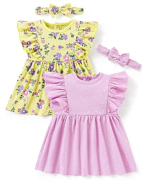 Babyhug 100% Cotton Knit Frill Sleeves Frocks with Headbands Polka Dots & Floral Print Pack of 2 - Purple & Yellow