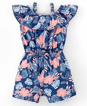Babyhug 100% Cotton Sleeveless Jumpsuit Leaf Print- Navy Blue