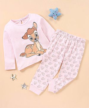 Babyhug Cotton Full Sleeves Night Suit Bambi Print- Peach
