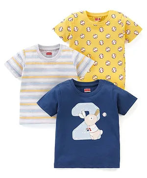 Babyhug Cotton Knit Half Sleeves T-Shirts Stripes & Baseball Print Pack of 3 - Blue White & Yellow